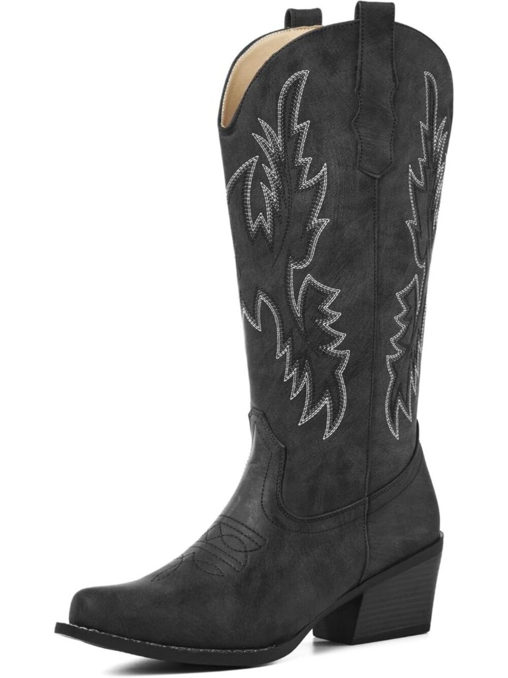 Women's Black Embroidered Snip Toe Mid Calf Stable Chunky Heels Western Boots - Picture 4 of 6